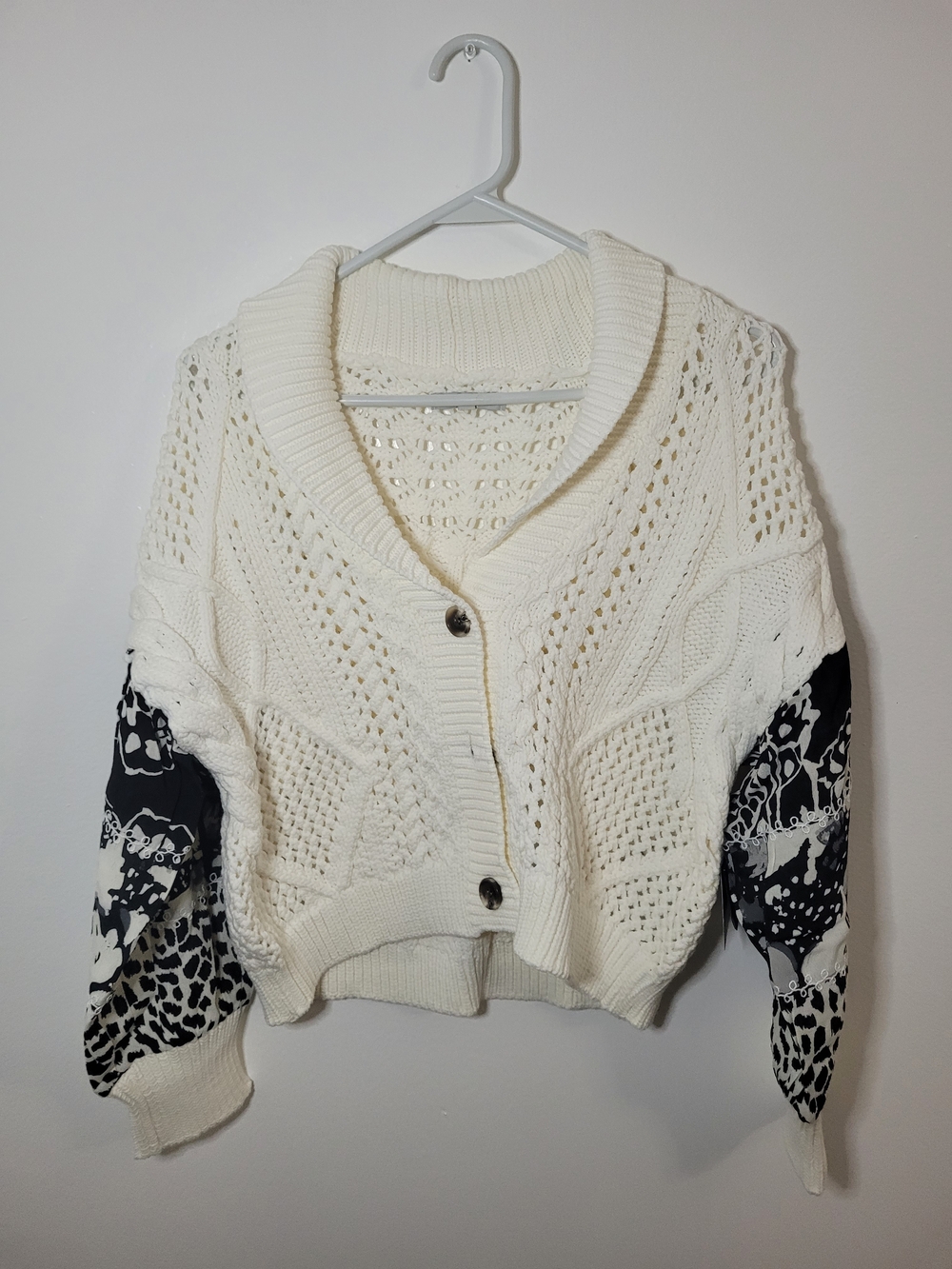 John Mark Ivory Cable Knit Cardigan Sweater W/ Contrast Pattern Size Small